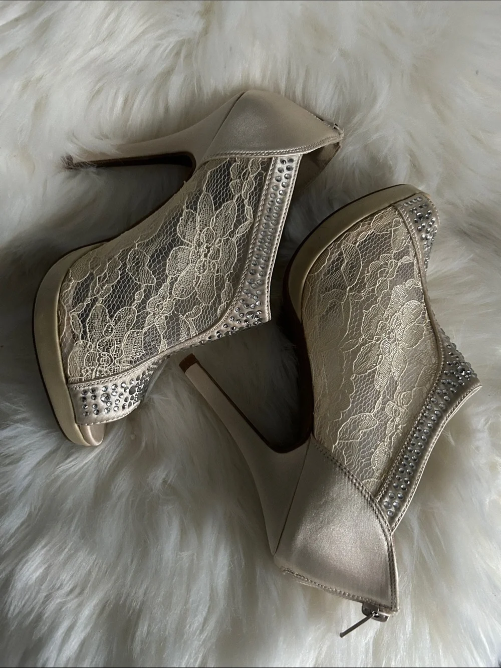 Michaelangelo Champagne Lace Peep-Toe Heels with Rhinestones